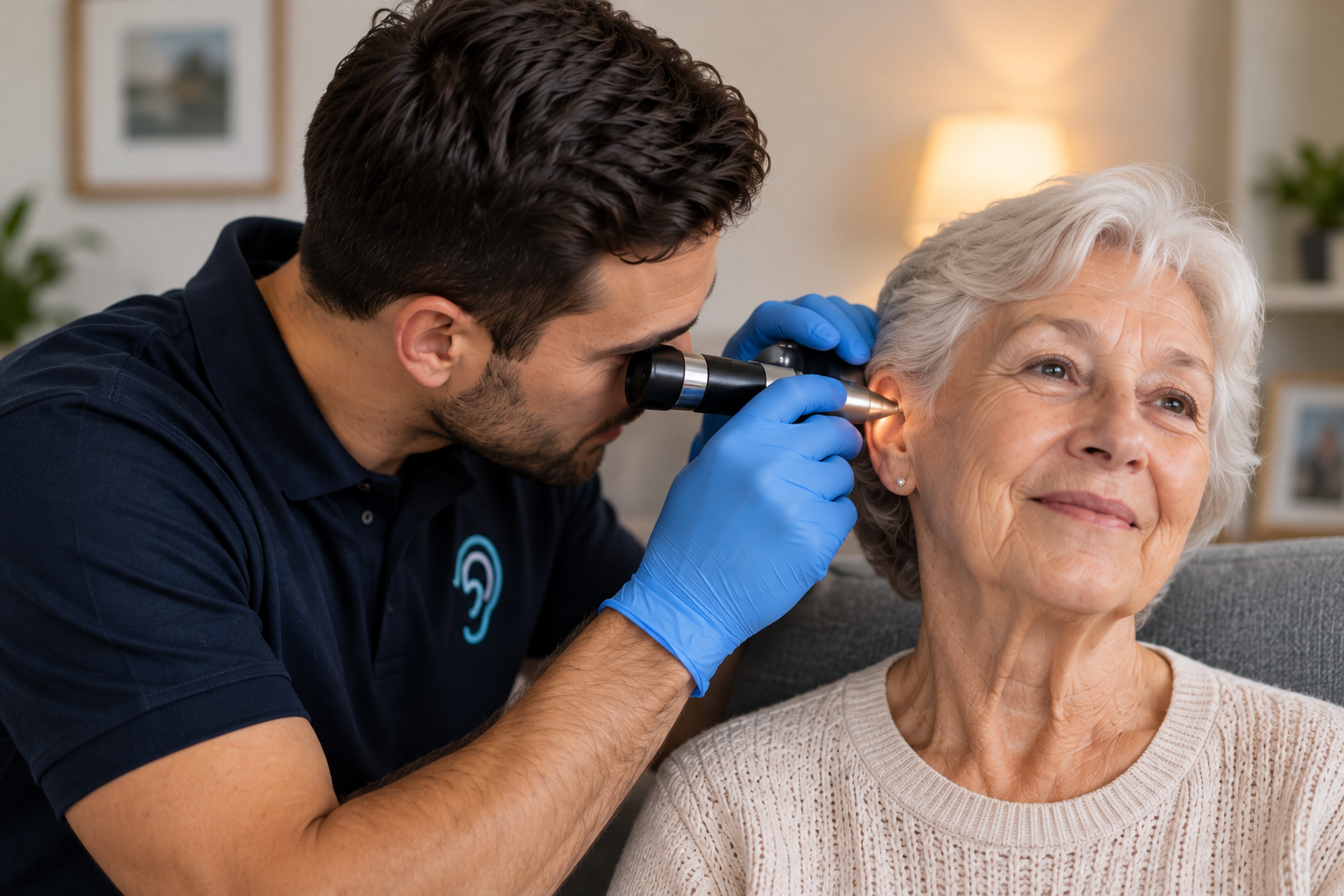 Qualified ear-care professional examining a patient during a home visit